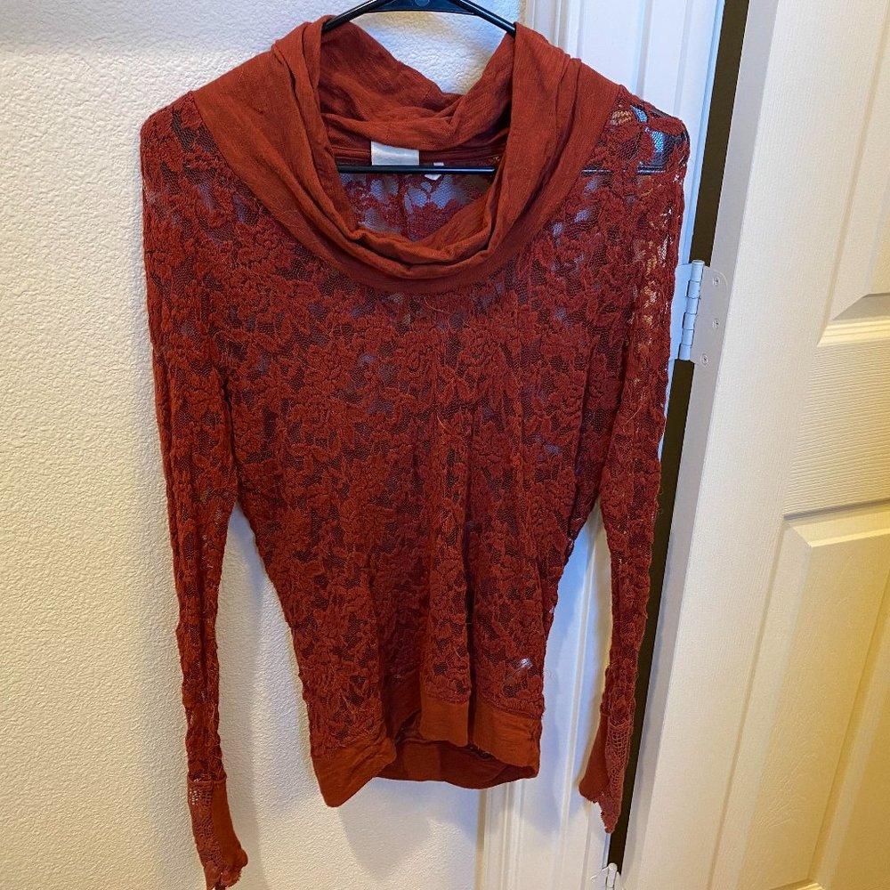 Crimson Lace Blouse With Cowl Neck - image 1
